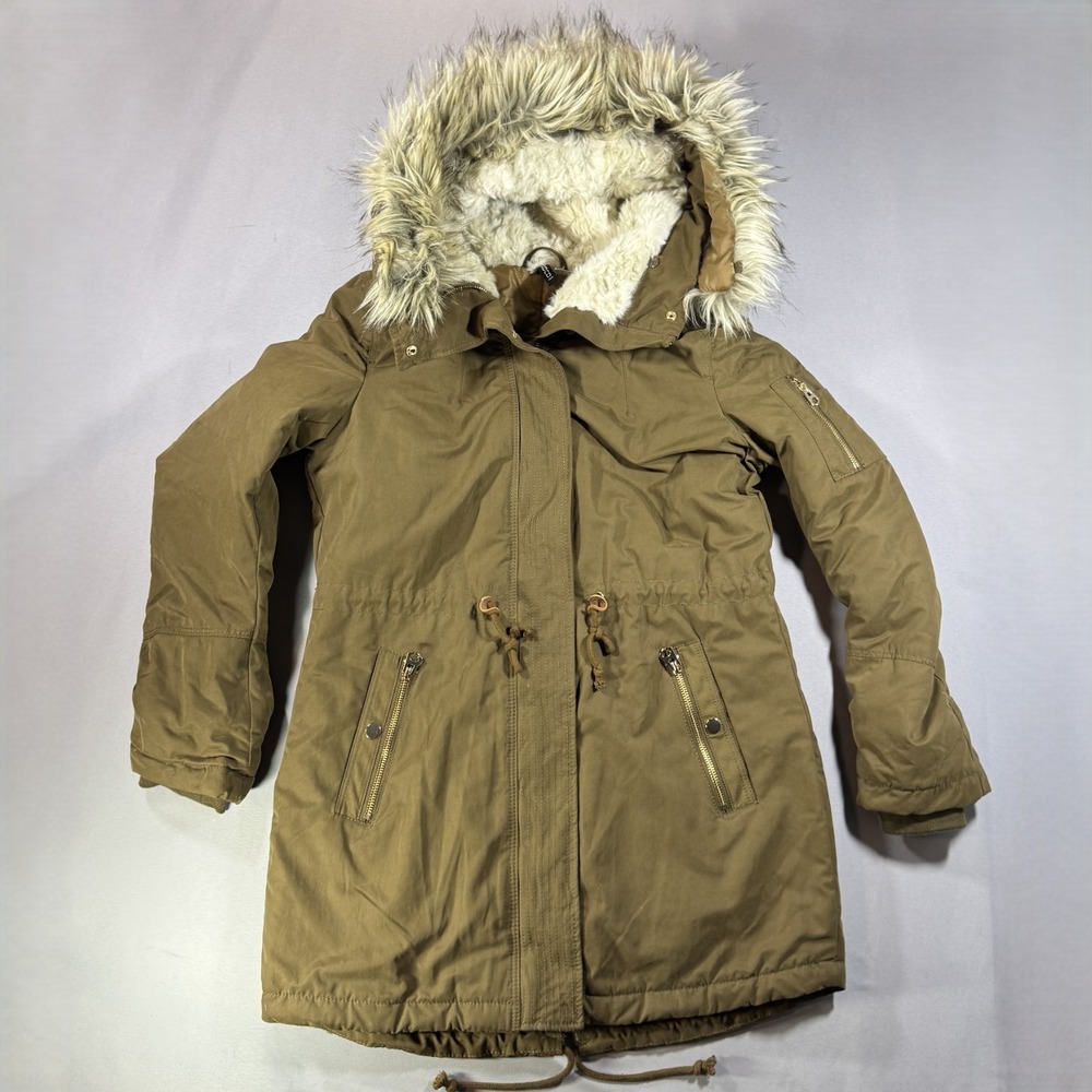 H&M Divided Womens Olive Green Faux Fur Trim Hooded Parka Jacket Size 8